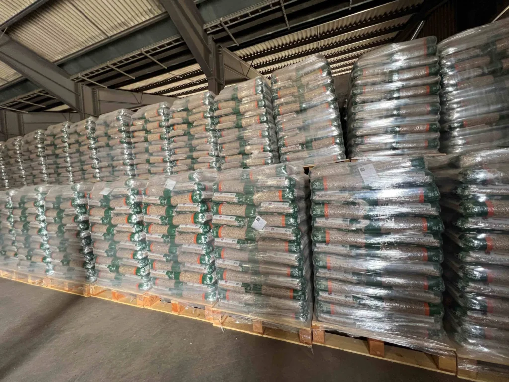 Pallets of SDL Wood Pellets in line ready for sale.