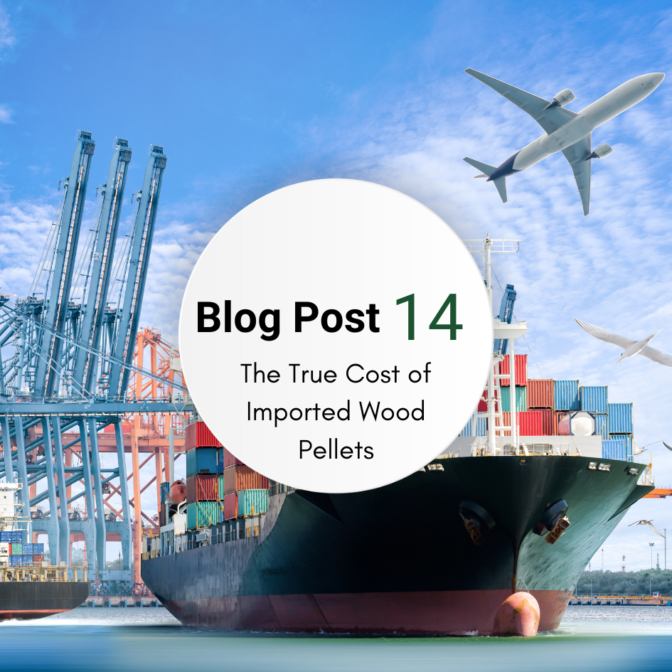 Blog post: The true cost of wood pellets - the cheap option with the hidden costs. Image showing a boat full of shipping containers and a plane representing overseas imports.