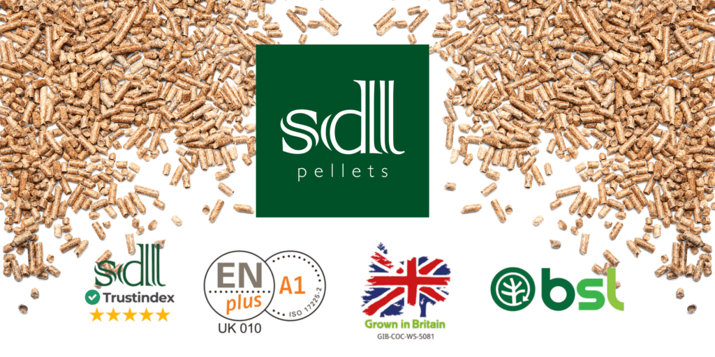 Why buying British wood pellets matters blog banner with SDL Pellets logo, En Plus A1 Logo, BSL Accredited logo, Grown in Britain logo, and 5* Trust index logo
